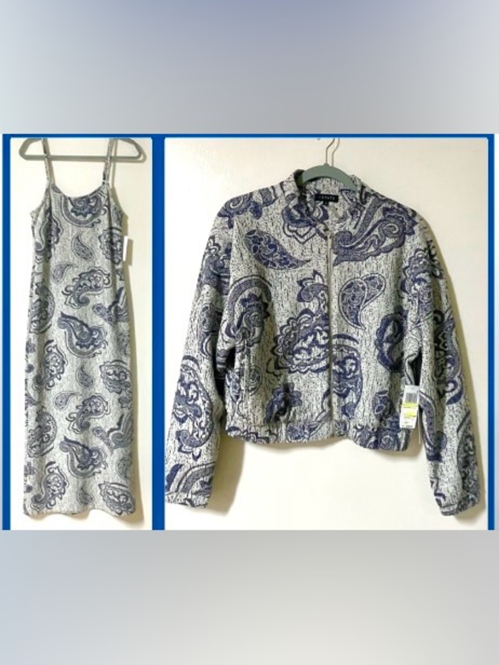 2 Piece Set: Paisley Print Blue & Greige Slip Maxi Dress & Jacket by 1 State- M